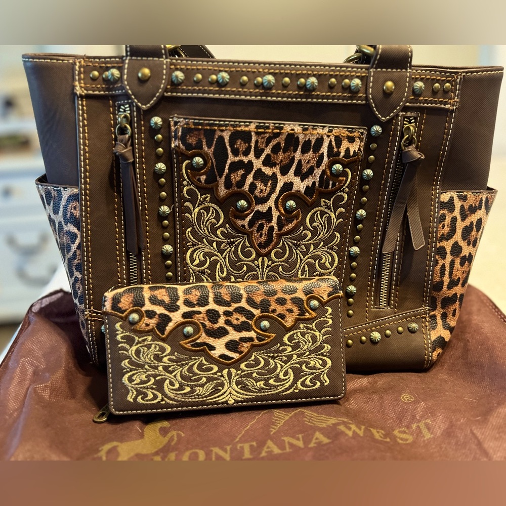 Montana West Embroidered Floral Leopard Print Carry Conceal Tote and Wallet